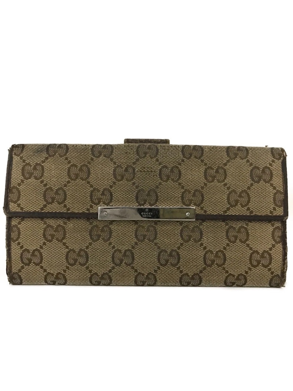 Gucci Vintage GG Monogram Canvas Metal Bar Continental Long Wallet Brown👝